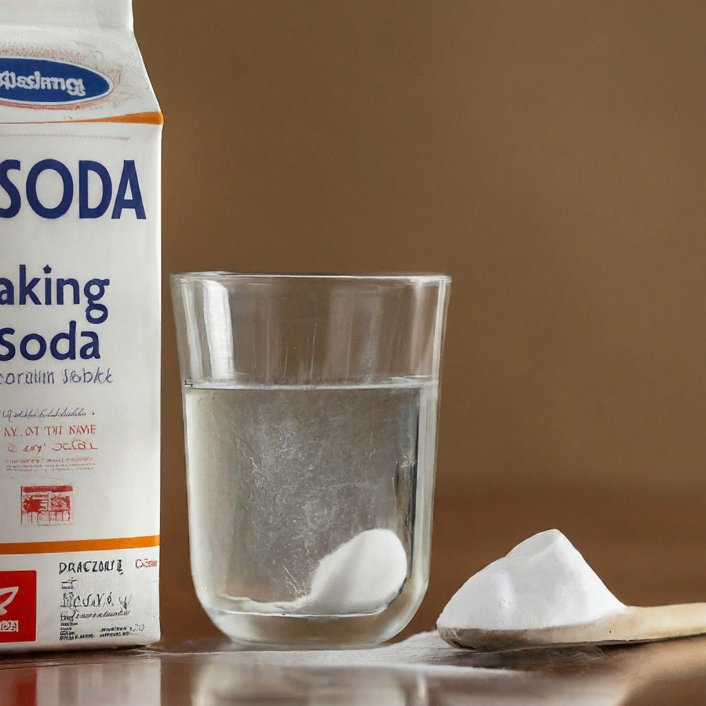 Baking soda box and glass of water with dissolving baking soda