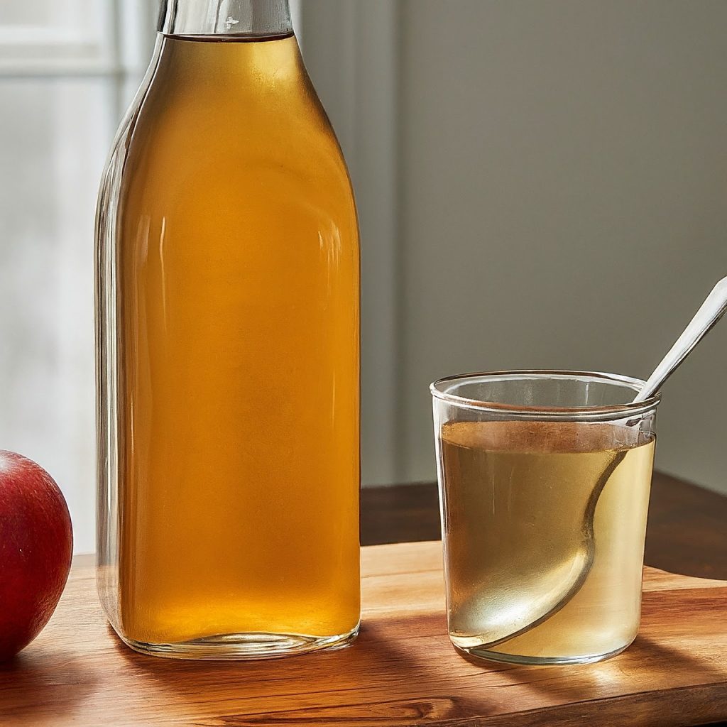Apple cider vinegar bottle and glass with diluted vinegar