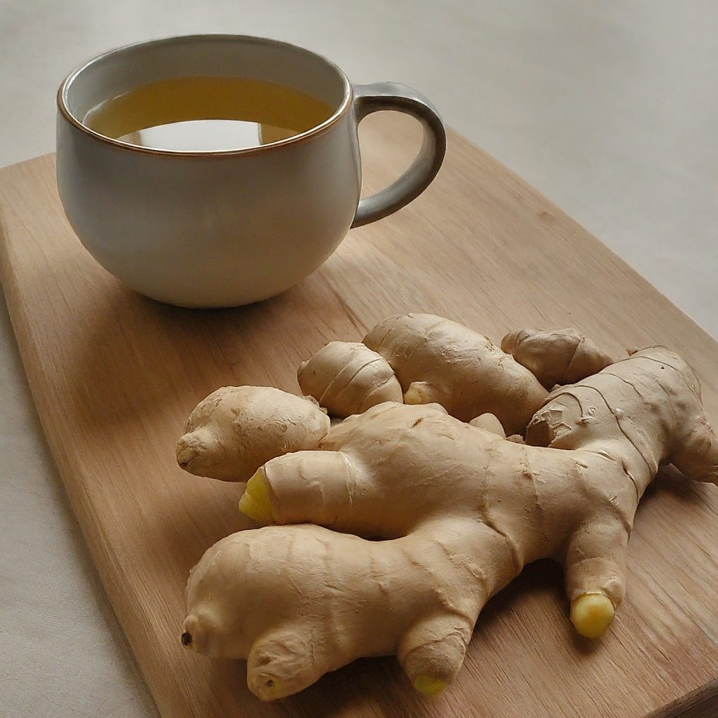 Ginger root and cup of ginger tea